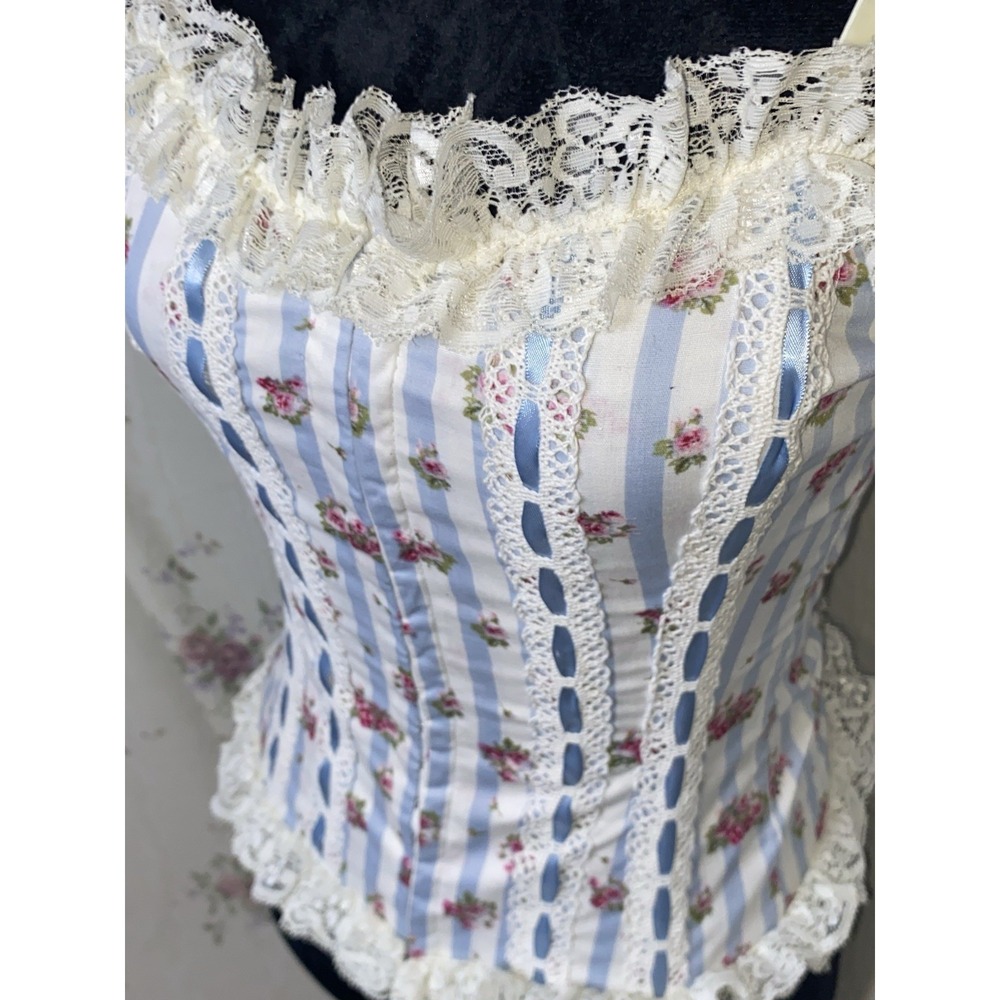 RARE Hell Bunny Corset XS Cottagecore Blue Floral And Lace Velvet Straps - Picture 2 of 15